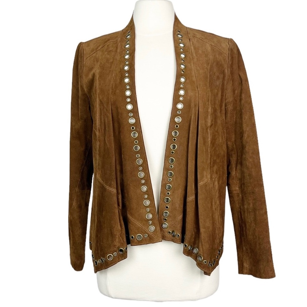 Pamela McCoy Brown Suede Eyelet-Trim Open Front Jacket